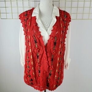 Vintage Holiday Festive Ribbon Gold Studded Ramie Cotton Cardigan Sweater